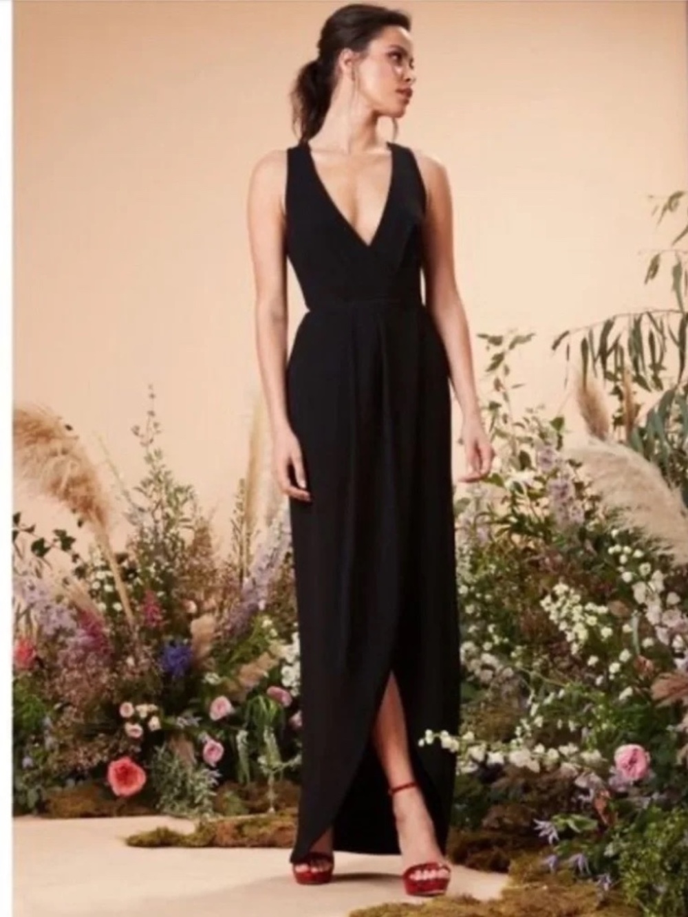 Dress The Population Black Ariel Plunging Faux Wrap Sleeveless Gown Size XL - Picture 2 of 16